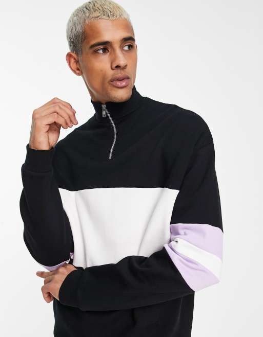 ASOS DESIGN oversized color block half zip sweatshirt in black and white