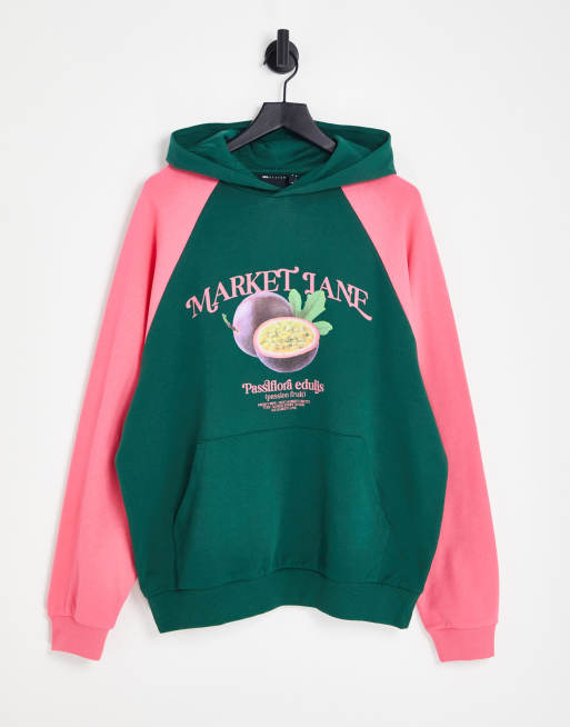 ASOS DESIGN oversized color block hoodie in green pink with fruit print