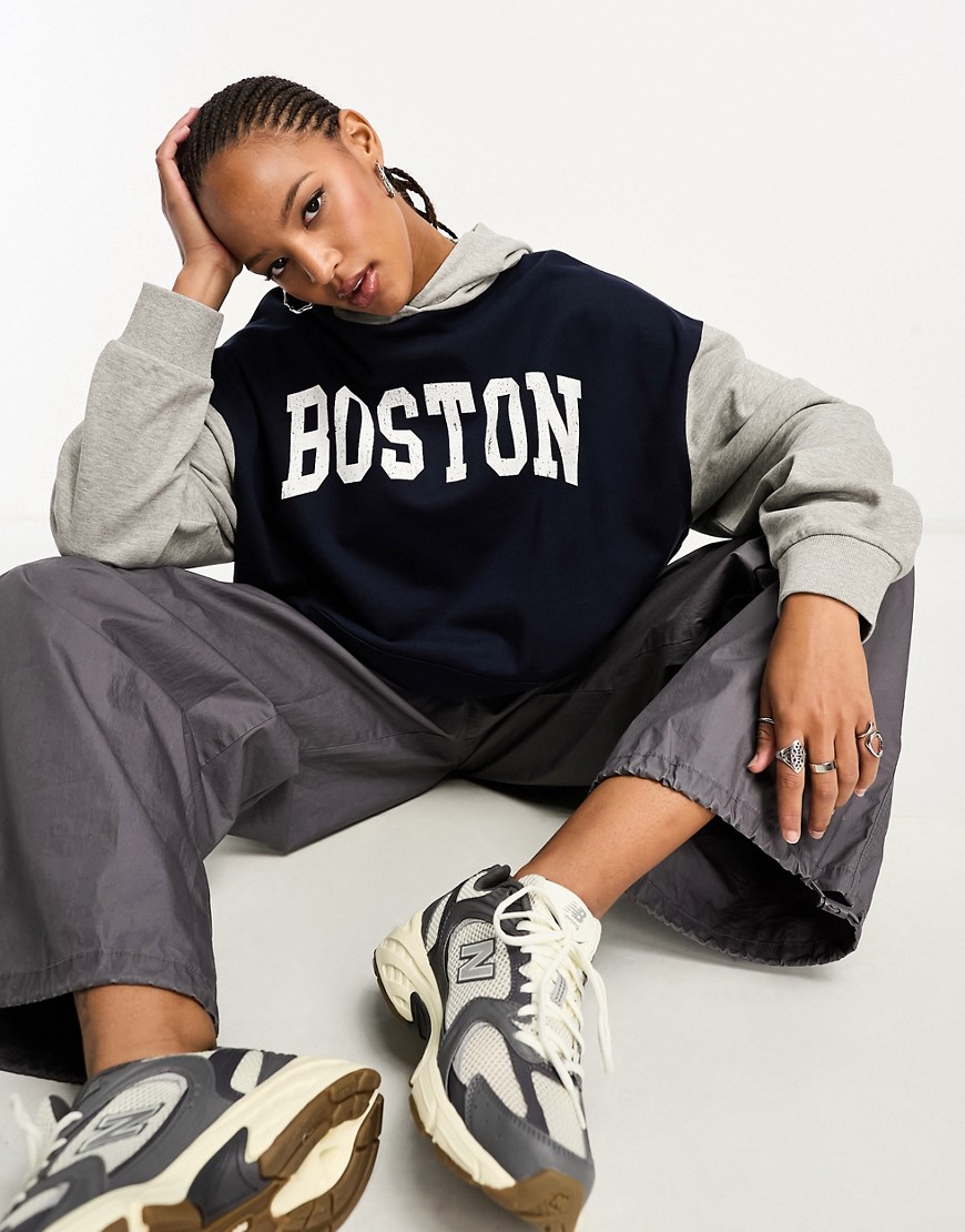Asos Design Oversized Color Block Hoodie With Boston Graphic In Gray Heather And Navy-multi