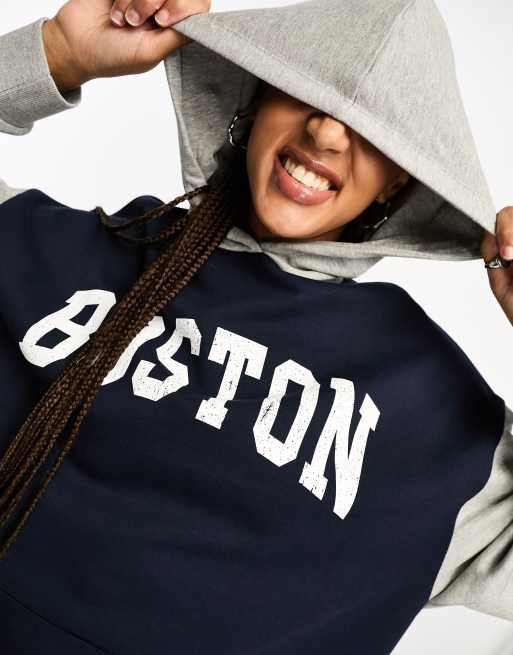 ASOS DESIGN oversized color block hoodie with Boston graphic in gray heather and navy ASOS