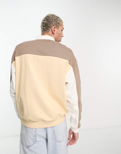 ASOS DESIGN oversized color block polo sweatshirt in tonal beige brown