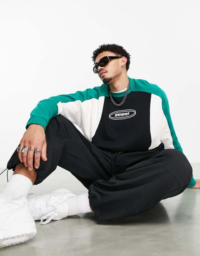 ASOS DESIGN oversized color block sweatshirt in green & black
