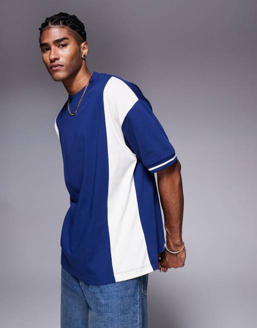 ASOS DESIGN oversized color block t-shirt in navy and cream