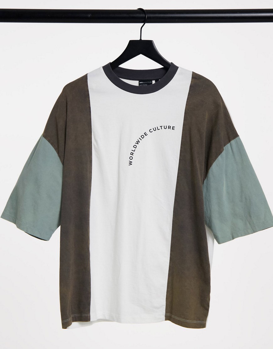ASOS DESIGN oversized colorblock t-shirt with text print in acid wash organic cotton-Multi