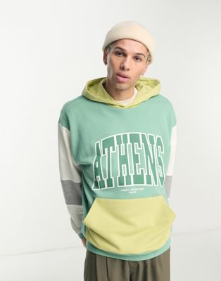 ASOS DESIGN oversized colour block hoodie with city print in green - ASOS Price Checker