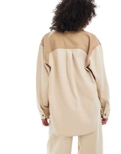 ASOS DESIGN oversized colour block laundered shacket co-ord in brown, 4 of 4