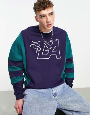 ASOS DESIGN oversized colour block sweatshirt with city print in blue & green - ASOS Price Checker