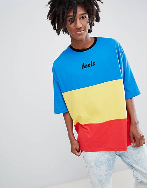 ASOS DESIGN oversized colour block t-shirt with text print and half ...