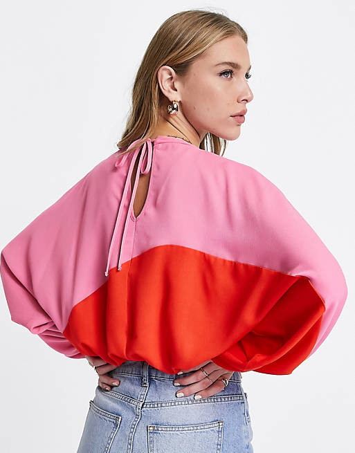Women Shirts & Blouses/oversized colourblock top with long sleeve in pink & red 