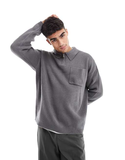 ASOS DESIGN oversized compact knit smart half zip sweater in charcoal