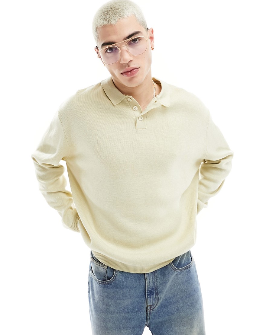 ASOS DESIGN oversized compact knitted polo jumper in oatmeal-Neutral