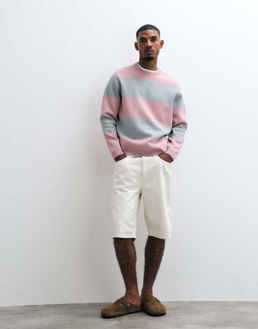 ASOS DESIGN oversized compacte gebreide gestreepte trui in roze en grijs, 3 van 5