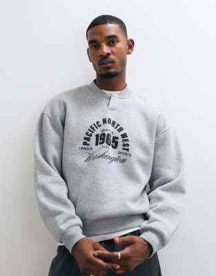 Asos Design Oversized Concealed Henley Crew With Front Pigment Print-grey
