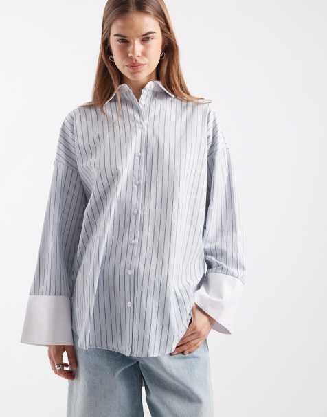 ASOS DESIGN oversized contrast cuff shirt co ord in blue stripe - view 1