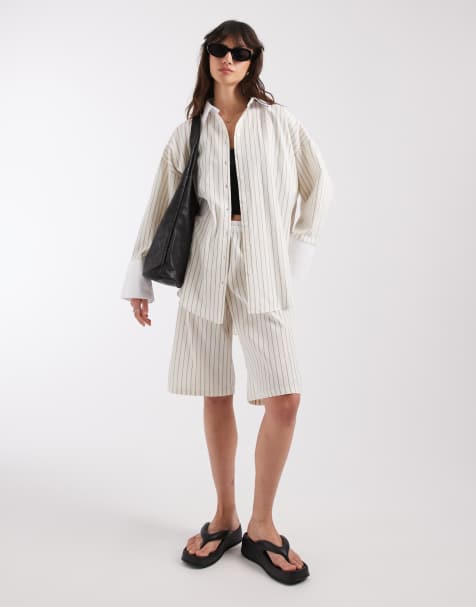 ASOS DESIGN oversized contrast cuff shirt in ecru stripe co ord - view 1