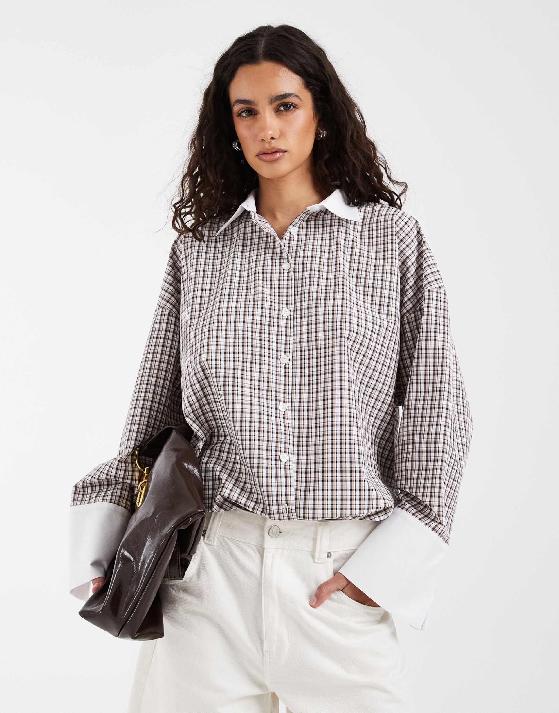 asos design oversized contrast cuff shirt in plaid - part of a set