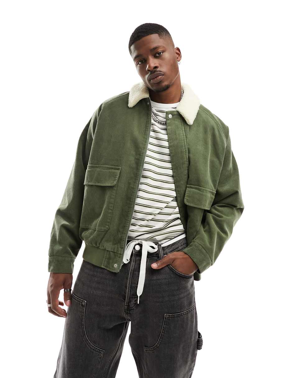 ASOS DESIGN oversized cord bomber jacket with contrast borg collar