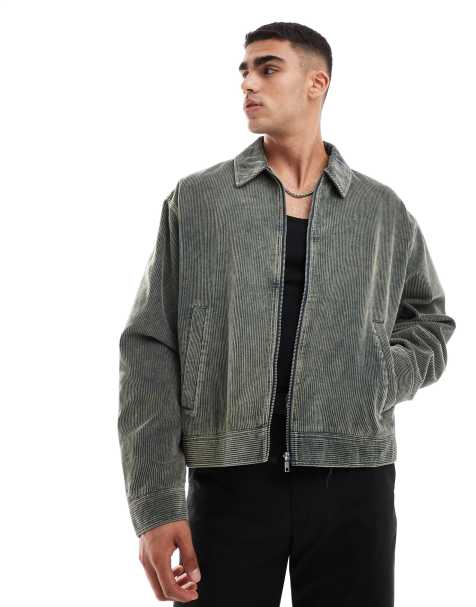 ASOS DESIGN oversized cord harrington jacket with heavy wash in navy  - view 1