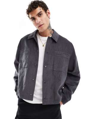 Asos Design Oversized Cord Harrington Jacket With Pockets In Gray