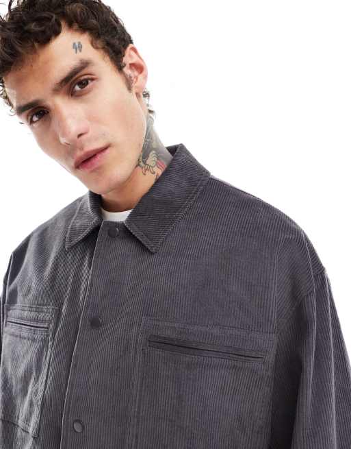 ASOS DESIGN oversized cord harrington jacket with pockets in gray ASOS