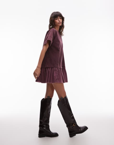 ASOS DESIGN oversized cord hybrid t-shirt mini dress in washed mulberry - view 1