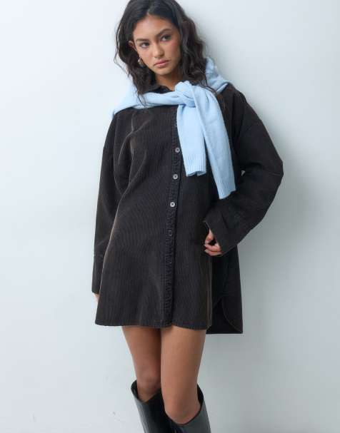 ASOS DESIGN oversized cord overhemdjurk mini in gewassen zwart - view 1