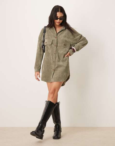 ASOS DESIGN oversized cord shirt dress in khaki - view 1