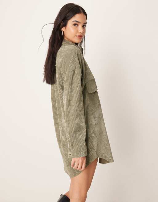 ASOS DESIGN oversized cord shirt dress in khaki | ASOS