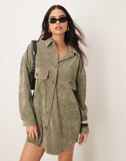 ASOS DESIGN oversized cord shirt dress in khaki | ASOS