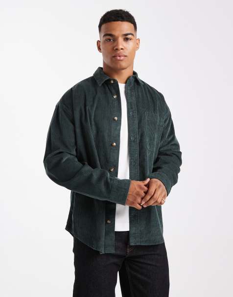 ASOS DESIGN oversized cord shirt in dark green - view 1