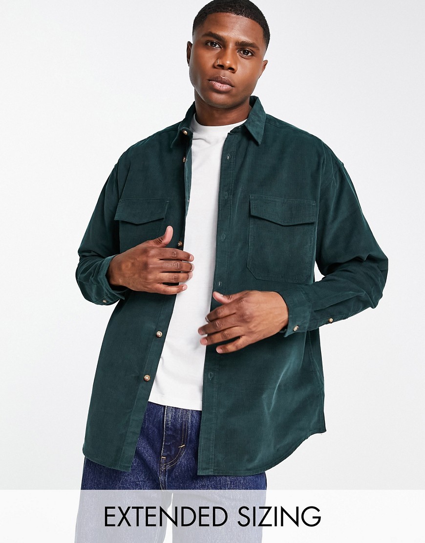 ASOS DESIGN oversized cord shirt in green with double pockets