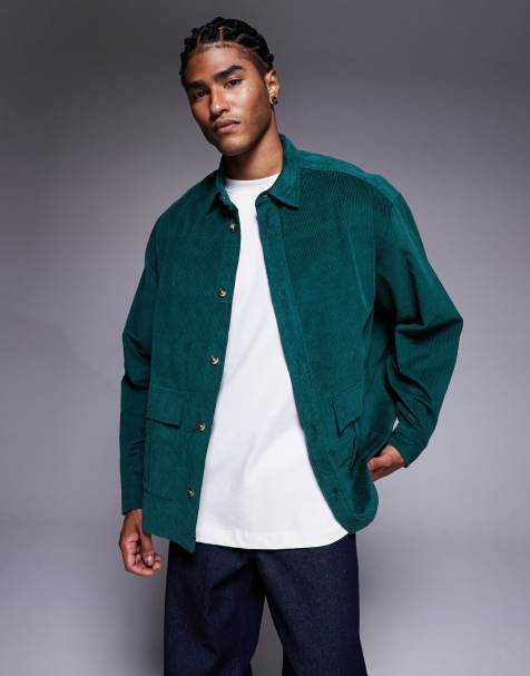 ASOS DESIGN oversized cord shirt in green - view 1