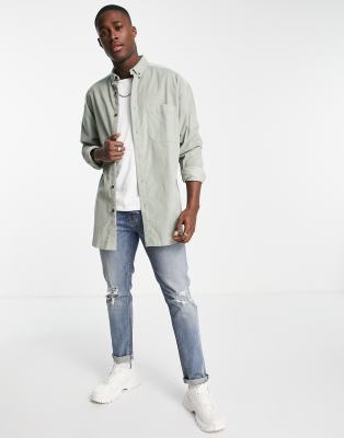 Asos Design Oversized Cord Shirt In Light Sage-green