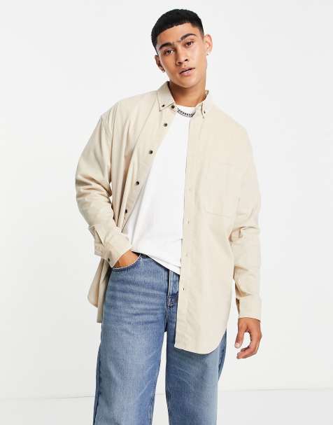 ASOS DESIGN oversized cord shirt in stone - view 1