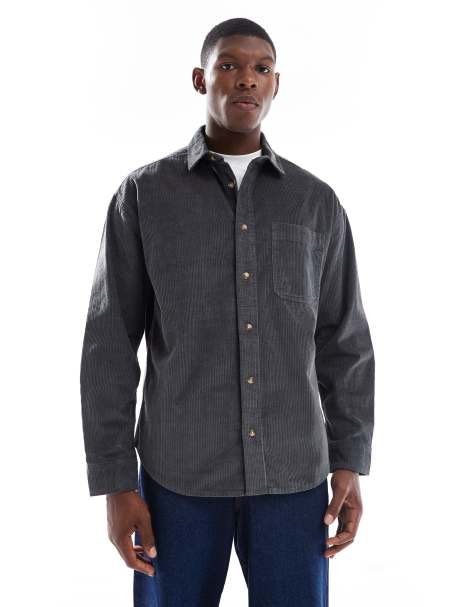 ASOS DESIGN oversized cord shirt in washed black - view 1
