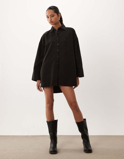 ASOS DESIGN oversized cord shirt mini dress in washed black, 2 of 4