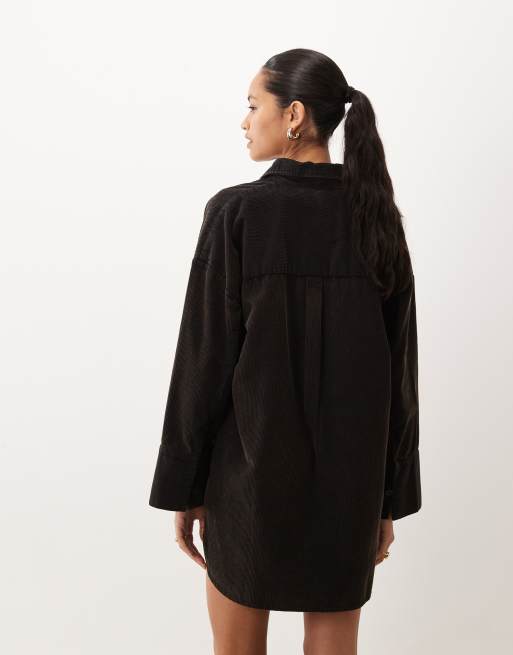 ASOS DESIGN oversized cord shirt mini dress in washed black, 4 of 4