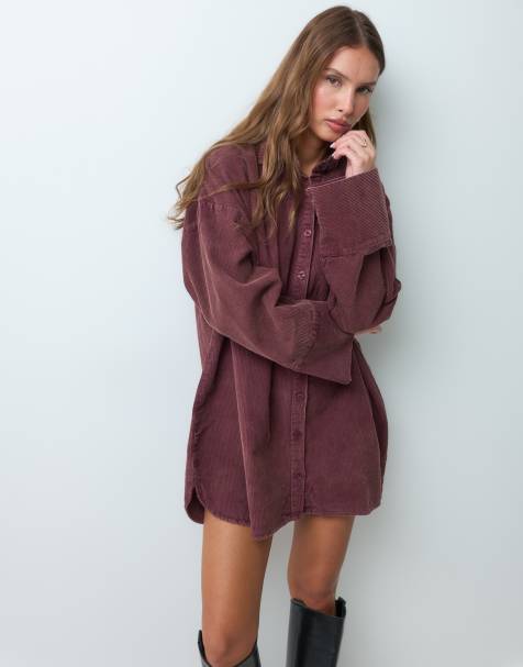 ASOS DESIGN oversized cord shirt mini dress in washed burgundy