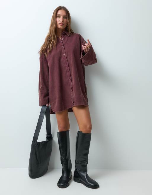 ASOS DESIGN oversized cord shirt mini dress in washed burgundy, 2 of 4