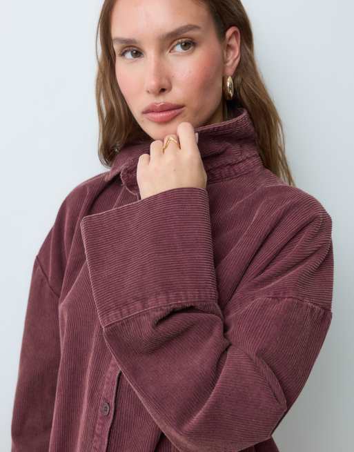 ASOS DESIGN oversized cord shirt mini dress in washed burgundy, 3 of 4