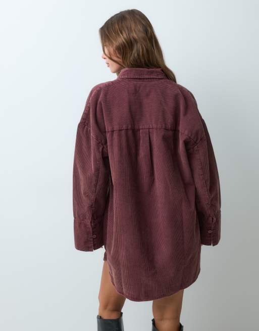 ASOS DESIGN oversized cord shirt mini dress in washed burgundy, 4 of 4