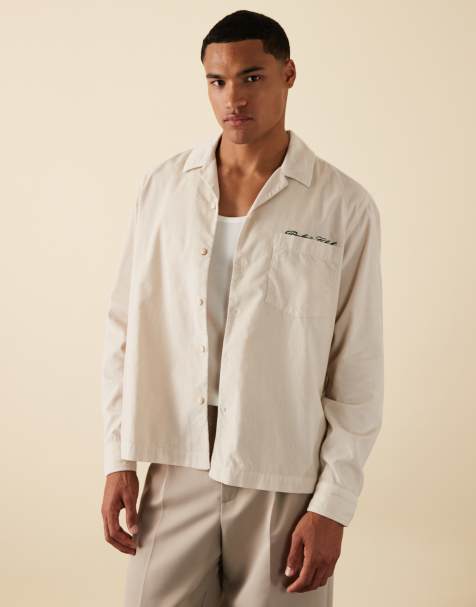 ASOS DESIGN oversized cord shirt with chest embroidery in cream - view 1