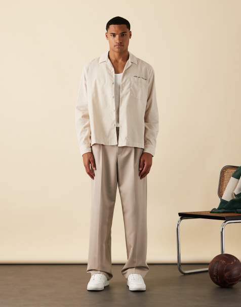 ASOS DESIGN oversized cord shirt with chest embroidery in cream - view 1