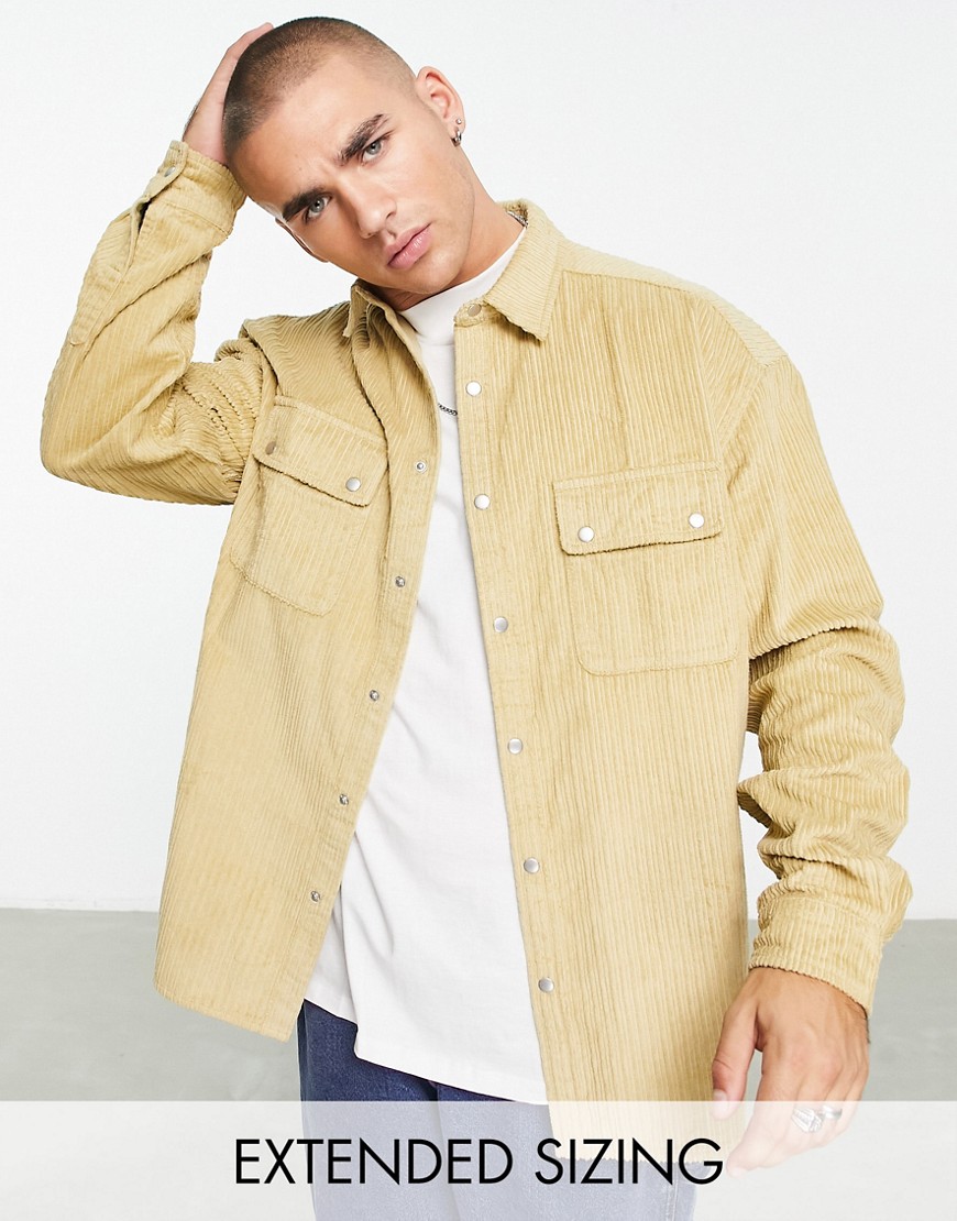 ASOS DESIGN oversized cord shirt with poppers in beige-Yellow