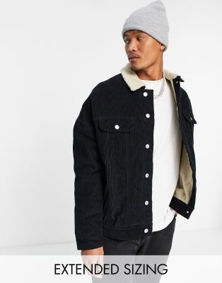 ASOS DESIGN oversized cord western jacket with borg lining and collar in black