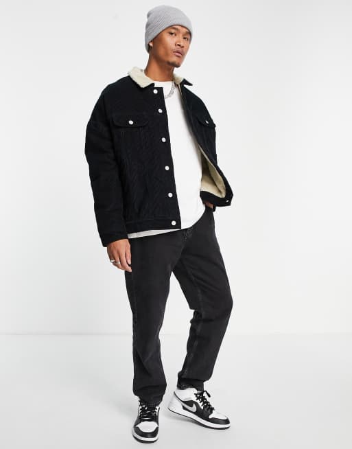 ASOS DESIGN oversized cord western jacket with borg lining and collar in black