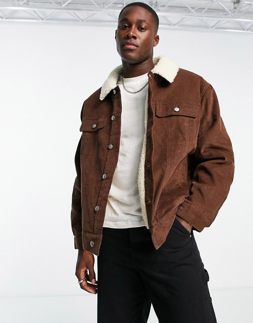 ASOS DESIGN oversized cord western jacket with borg lining in brown
