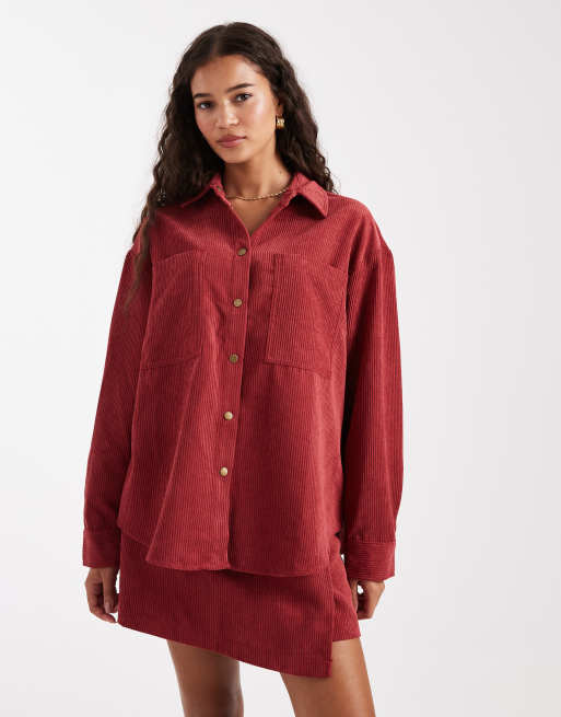 ASOS DESIGN oversized corduroy co-ord shirt in cherry