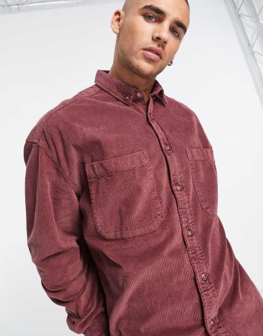 ASOS DESIGN Oversized corduroy overhemd in jaren 90 stijl met vintage wassing in bordeauxrood