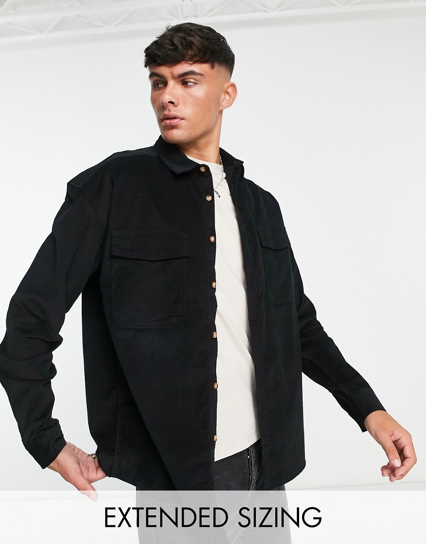 ASOS DESIGN oversized corduroy shirt double pocket in black